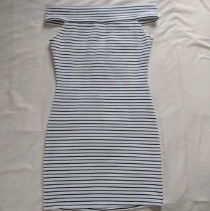 Striped fitted open shoulder mini dress